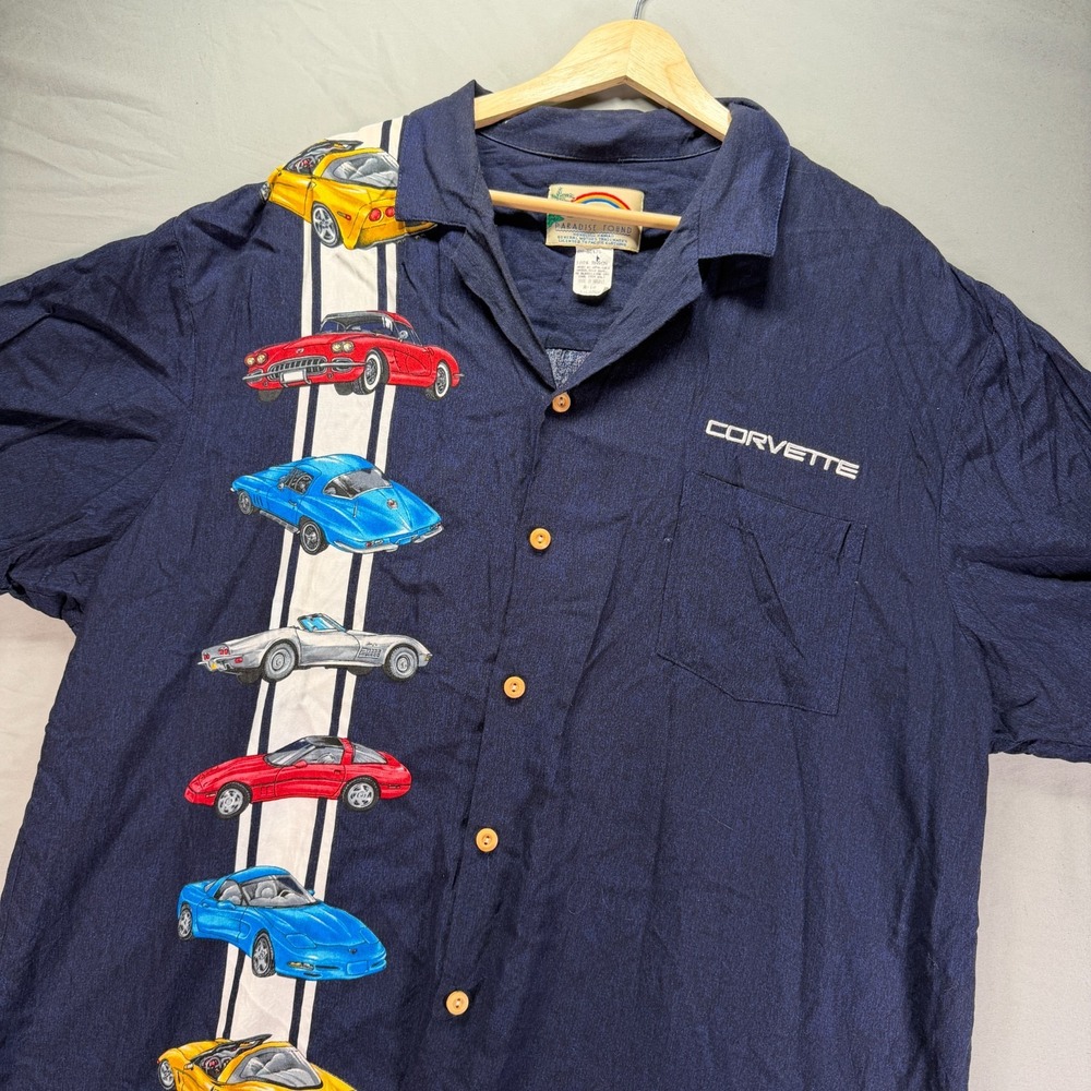 Pardadise Found Chevy Corvette Hawaiian Button Up Shirt Men XL Rayon Vintage 90s